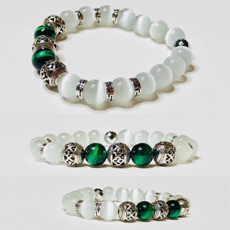 Finesse - White Cat Eye & Green Tiger Bead Bracelet