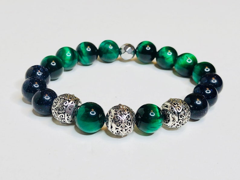 Blue Everglades - Green Tiger Eye & Blue Sandstone Bead Bracelet