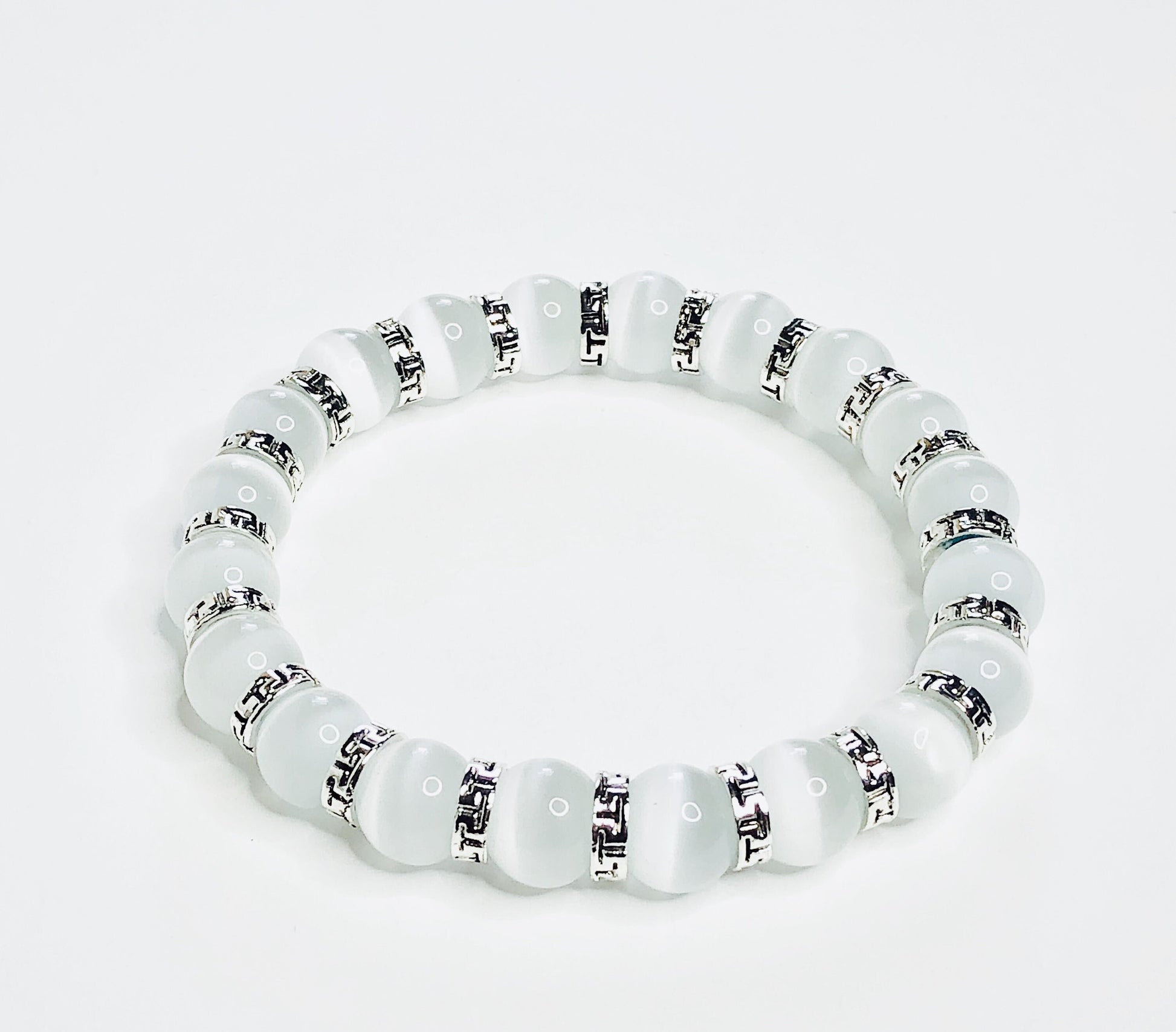 Bando - White Cat Eye. Men's Bead Bracelet.